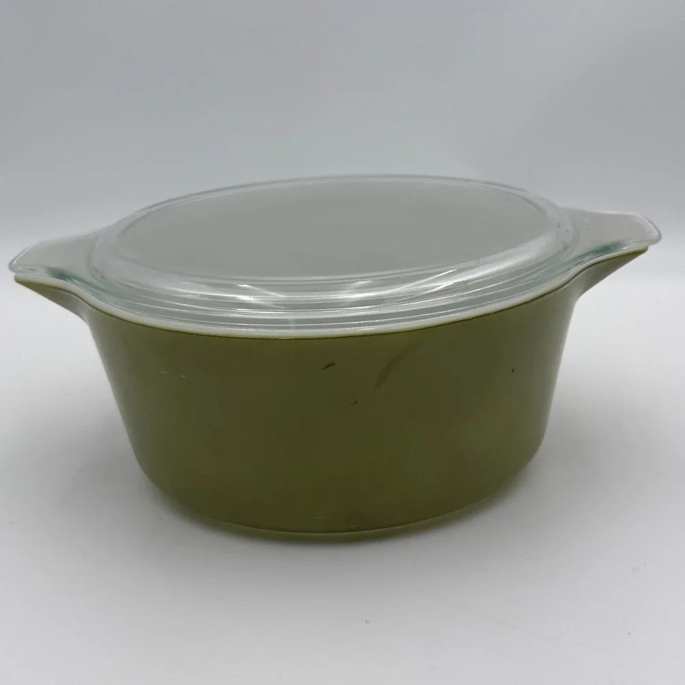 Vintage Pyrex 475-B 2.5 Qt Olive Green Round Casserole Dish with Lid Avocado